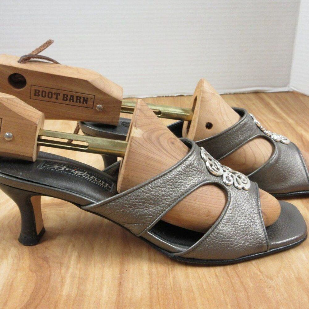 BRIGHTON Tresor Grey Metallic Leather Slides Womens Size 7.5 Kitten Heel Sandals - Picture 2 of 12